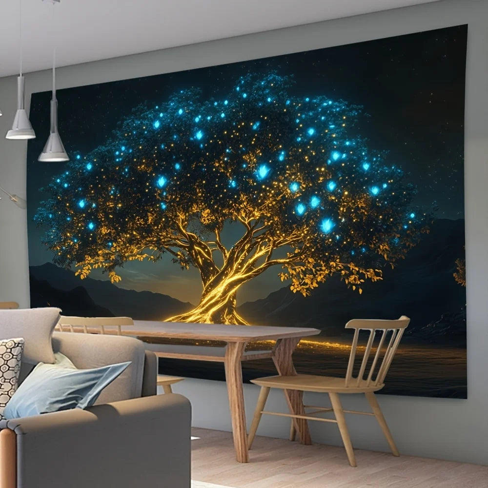 Enchanted Tree Tapestry Firefly Starry Sky Bedroom Meditation Space Natural Style Living Room Decor