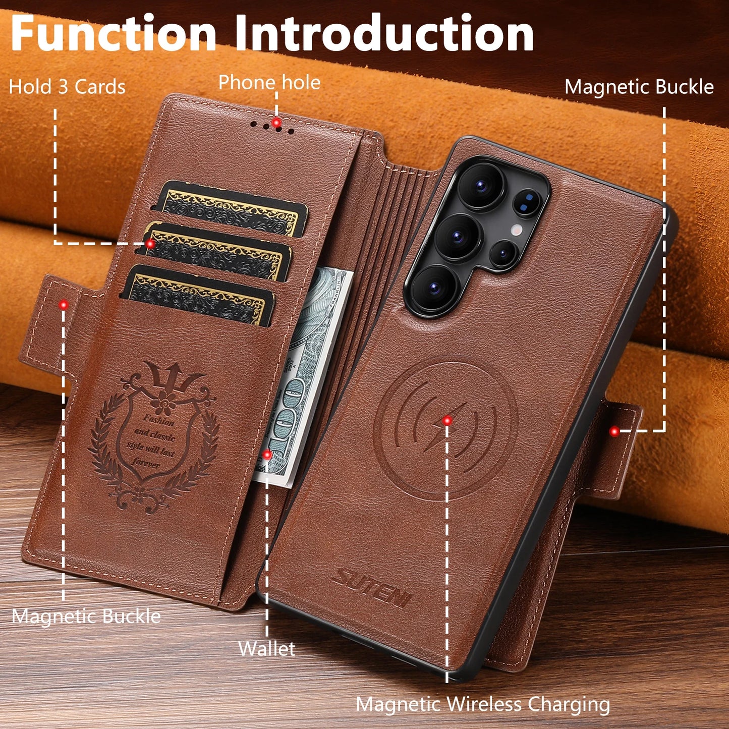 Magnetic Flip Wallet Case with Card Holder & Stand for Samsung Galaxy S26 Ultra / S25 / S24 / S23 – Faux Leather Wireless Charging Cover