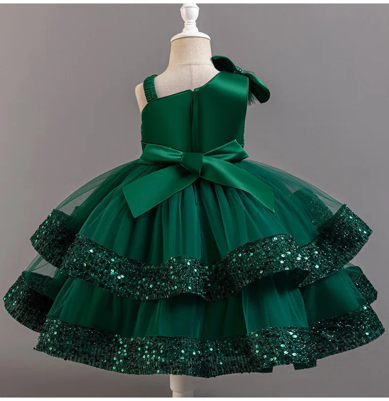 New Girls Sequin Tulle Cake Dress - Sparkling Layered Princess Gown for Baby‘s 1st Birthday & Banquet