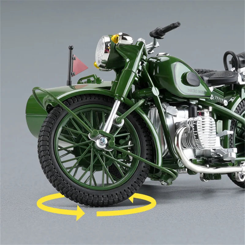 1/10 Alloy Retro Tricycle Side-car Motorcycle Model Diecast Metal Classic Military Motorcycle Model Sound and Light Toy Gift