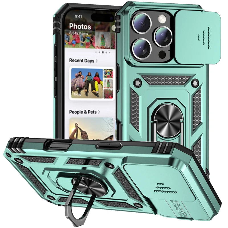 Military Sliding Window For iPhone 16 Pro Case Armor Metal Ring Stand Magnetic Drop Protector Case For iPhone 16 Pro Max Cover