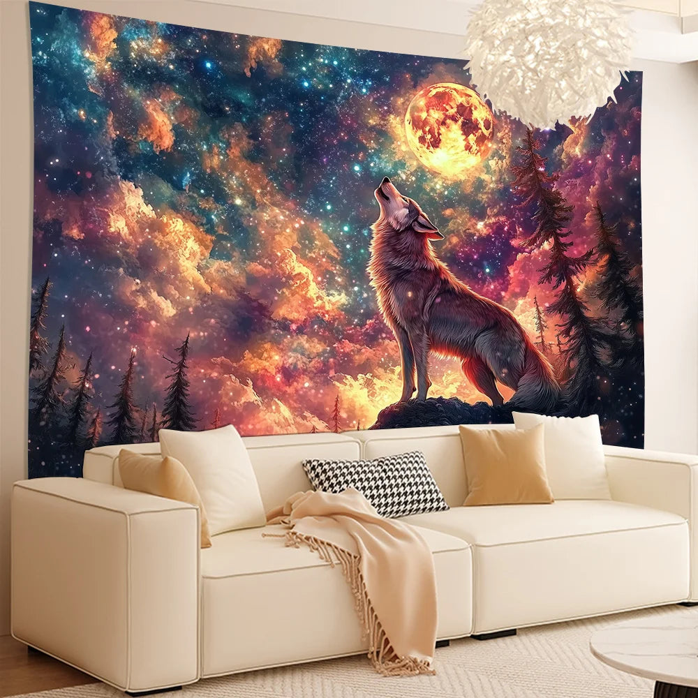Wolf King Howling at the Moon Tapestry Starry Sky Gradient Living Room Feature Wall Nordic Style Bedroom Decor