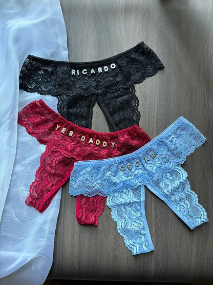 Plus Size Thongs Custom Name Lace Panties Open Crotch Temptation Erotic Customized Personalize Crystal Letter G-String Women