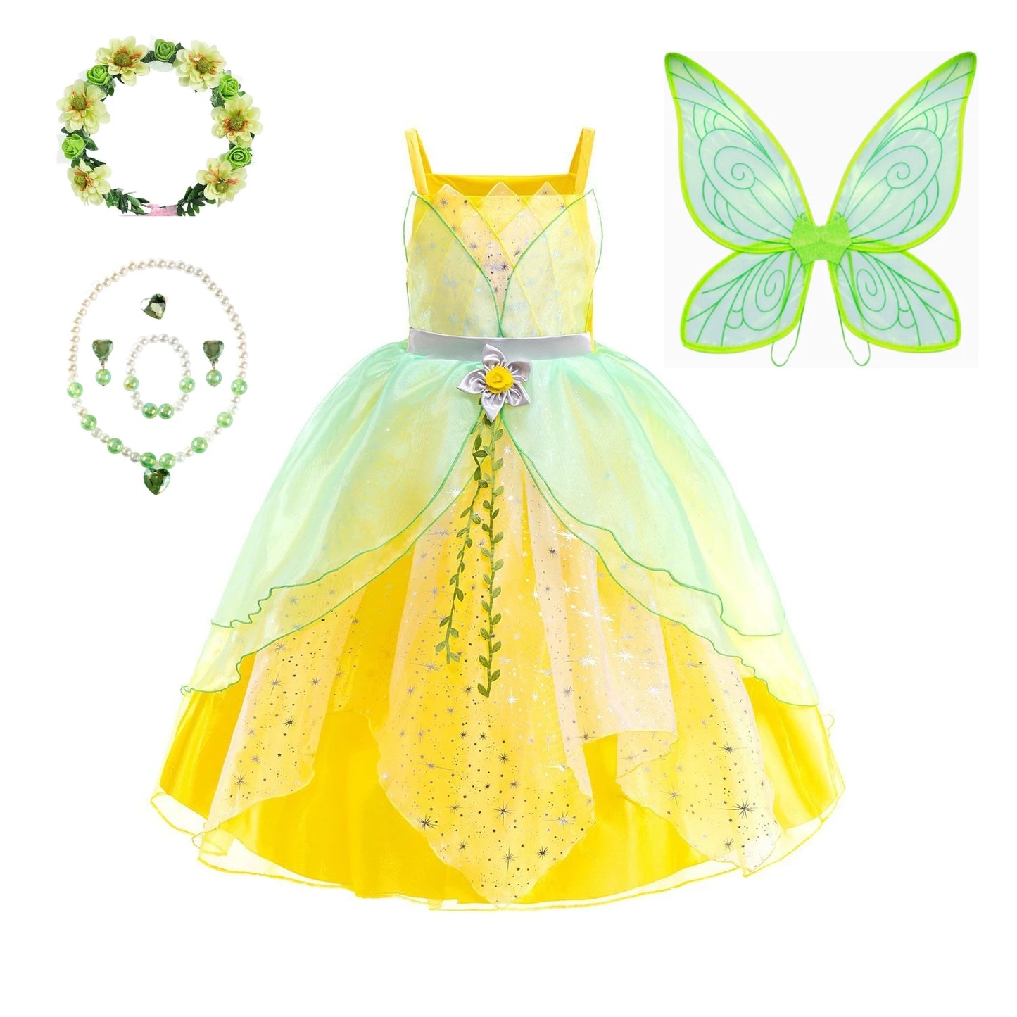 Layered Tulle Fairy Princess Dress Green Yellow Sling Party Costume