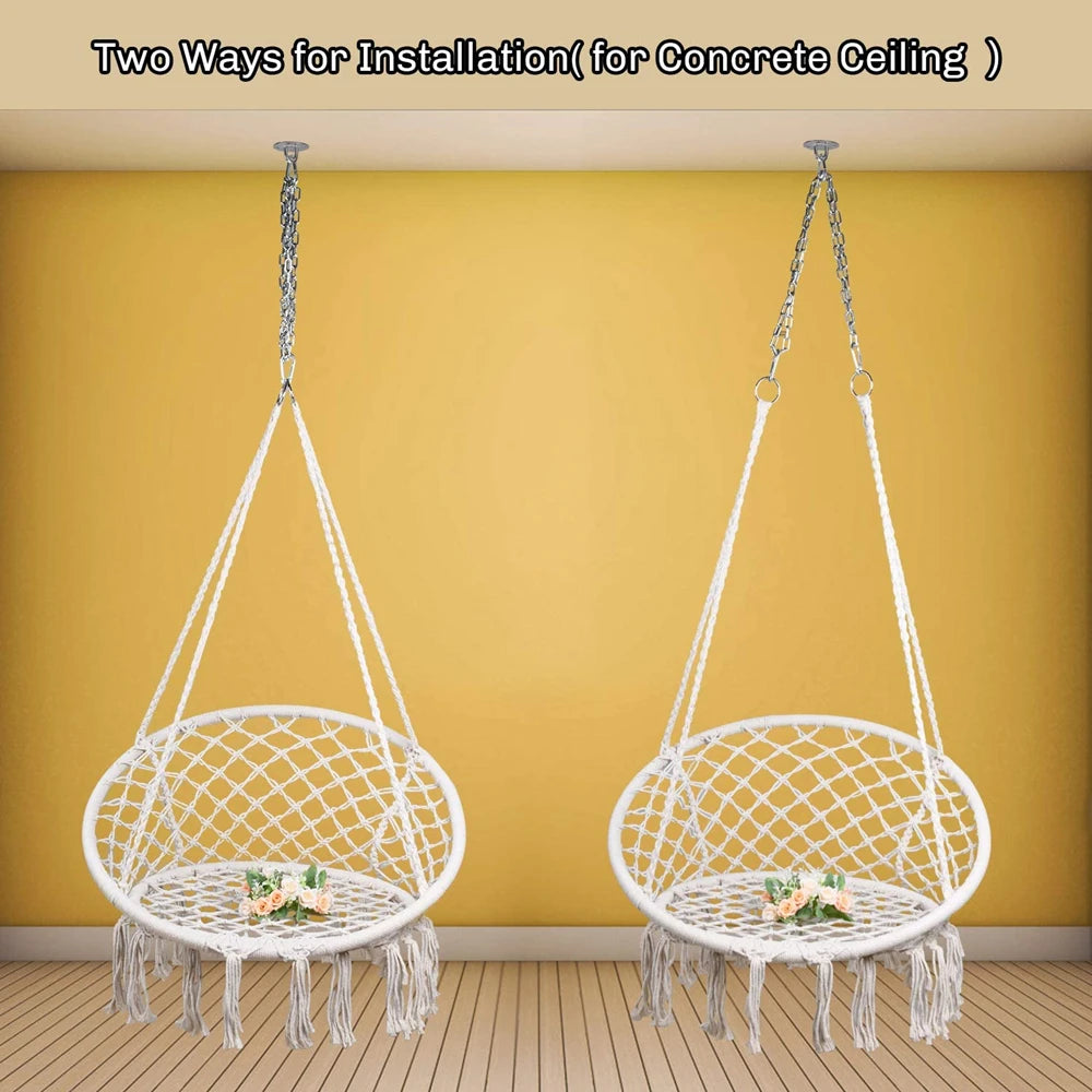 Nordic Style Round Hammock Swing Chair Safety Hanging Hammock Rope Hanging Garden Seat Beige Knitting Rope Swing Balcony Chair