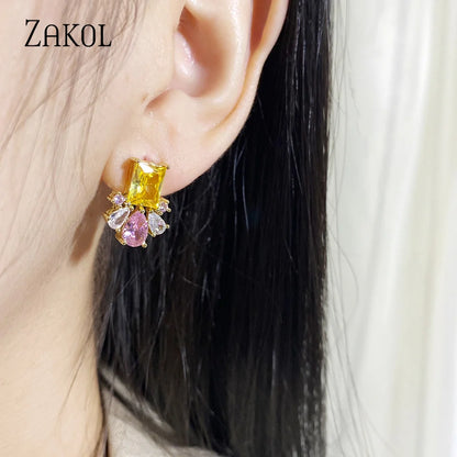 Yelllow Pink Zircon Flower Stud Earrings