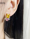 Yelllow Pink Zircon Flower Stud Earrings