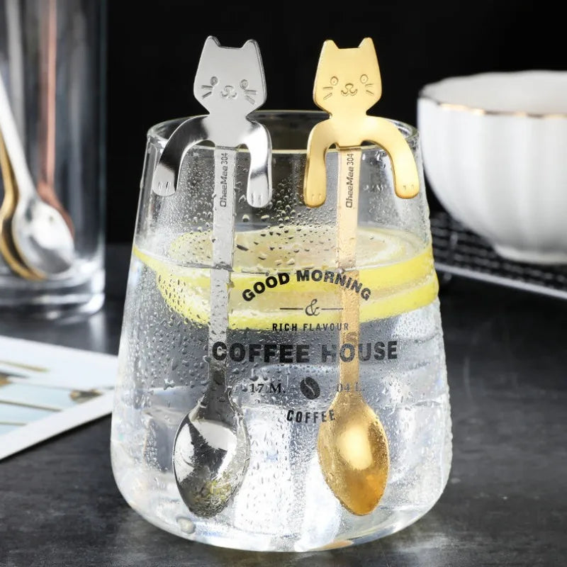 Cartoon Cat Coffee Spoon Stainless Steel Teaspoons Dessert Ice Cream Spoons Mini Cute Cat Shape Scoops Flatware Kitchen Gadgets