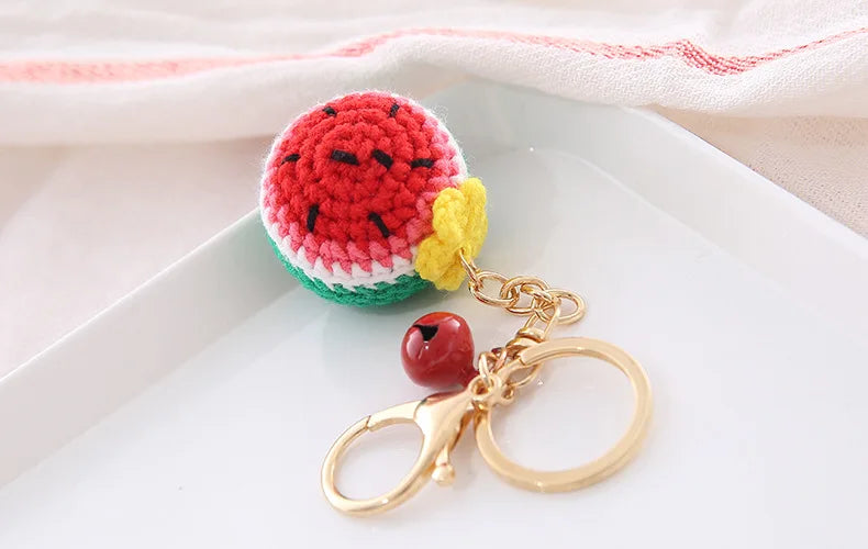 5 Pcs Handmade Weaving Keychain Wool Crochet Unique Knitted Pendant Keyring Strawberry Watermelon Orange Pendant Key Chain Gifts