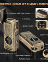 Cigar Lighter 4 Jet Flame, Refillable Butane Lighter with Cigar Cutter V Cut Cigar Punch Cigar Holder Cigar Draw Enhancer