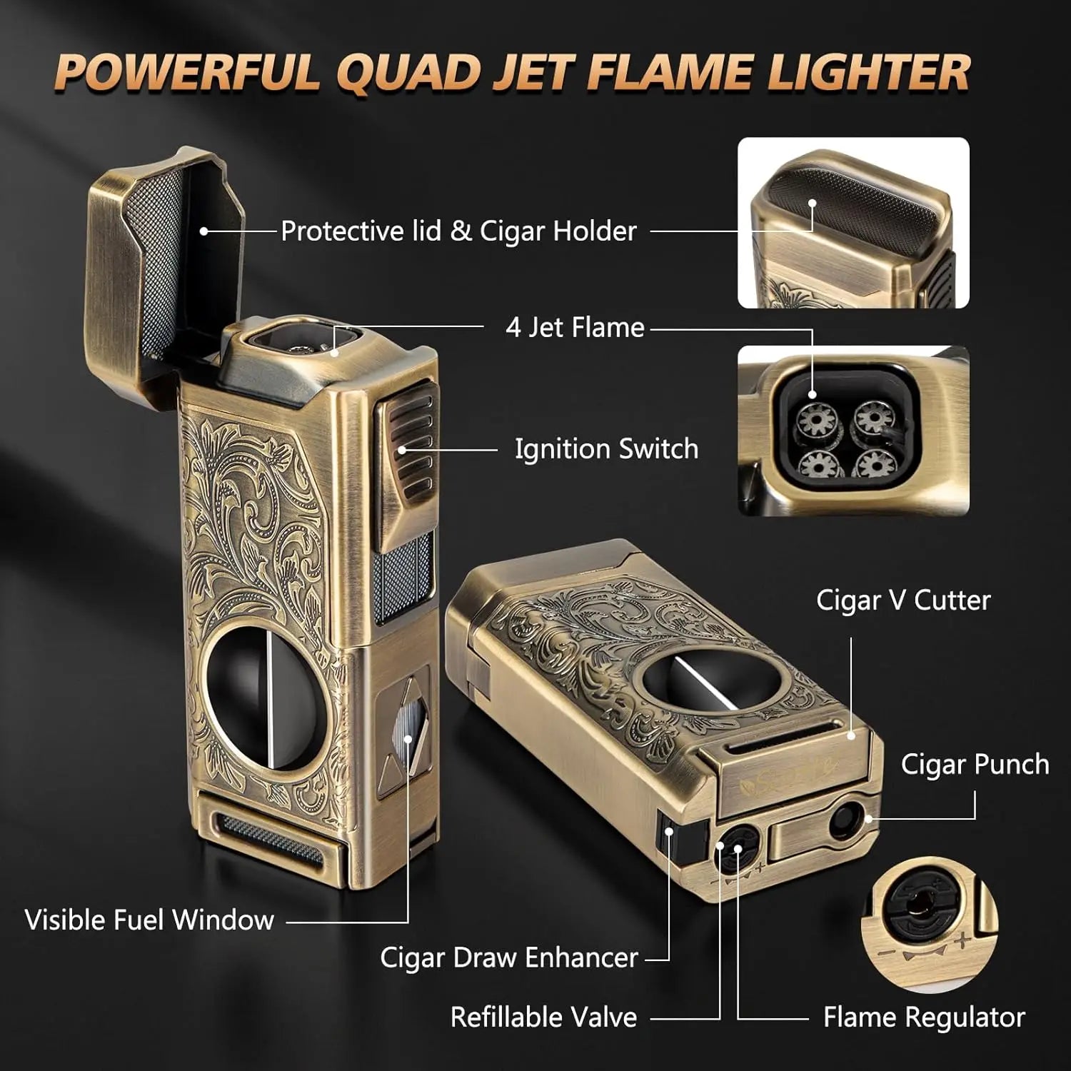 Cigar Lighter 4 Jet Flame, Refillable Butane Lighter with Cigar Cutter V Cut Cigar Punch Cigar Holder Cigar Draw Enhancer