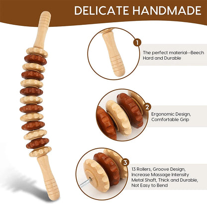 2 PCS Wood Therapy Massage Tools, Portable Manual Wooden Massage Wood Back Massage Roller Rope, Wood Massager Handheld Roller