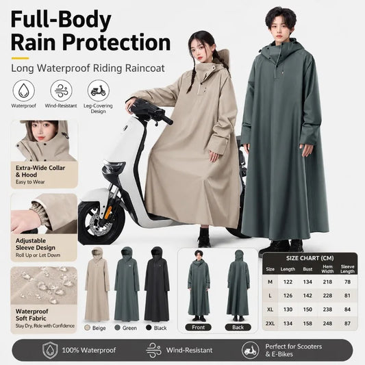 Long Waterproof Hooded Riding Raincoat for Scooter and Motorcycle