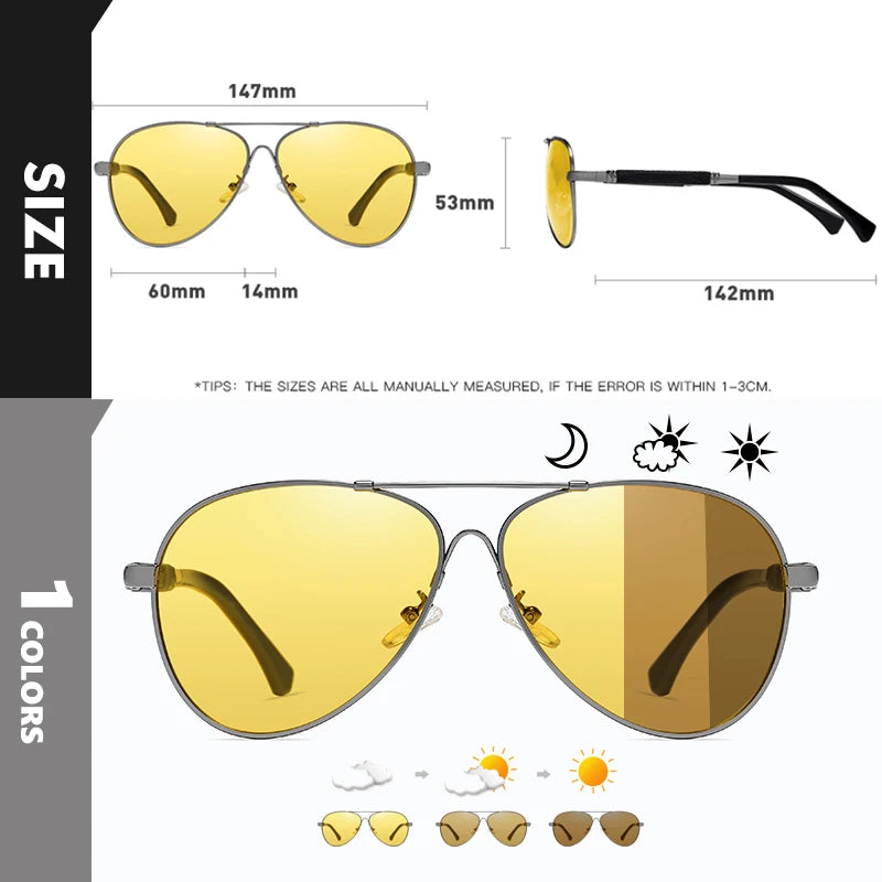 Memory Titanium Pilot Polarized Sunglasses UV400 Photochromic Night Vision Glasses for Men Women