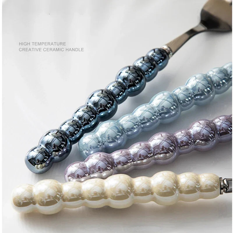 4Pcs Luxury Dinnerware Set Ceramic Pearl Handle Stainless Steel Spoon and Fork Set Western Silver Cutlery High-looking Tableware