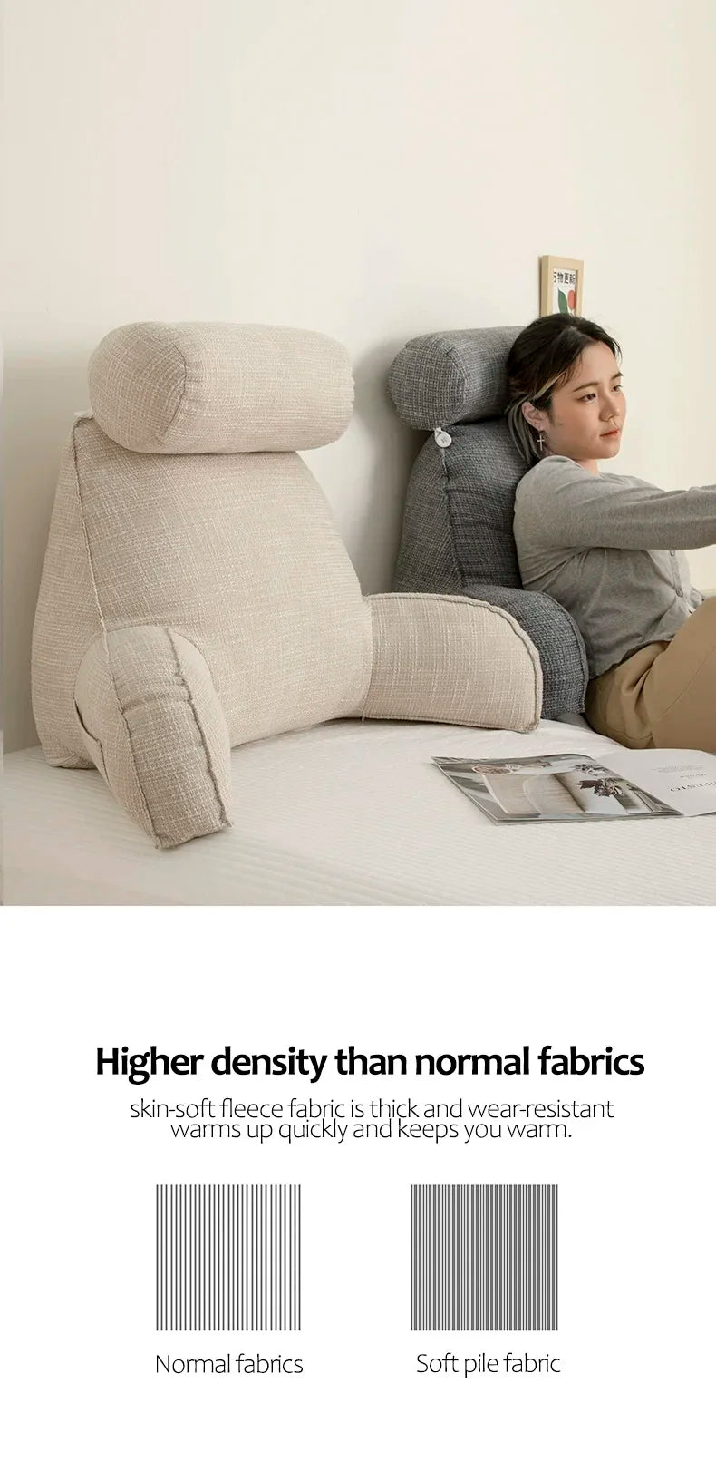 Reading Study Pillow,Bed Wedge with Arms and Pockets Bolster Back Support, Lumbar for Sofa,Office Chair Decorative Pillow