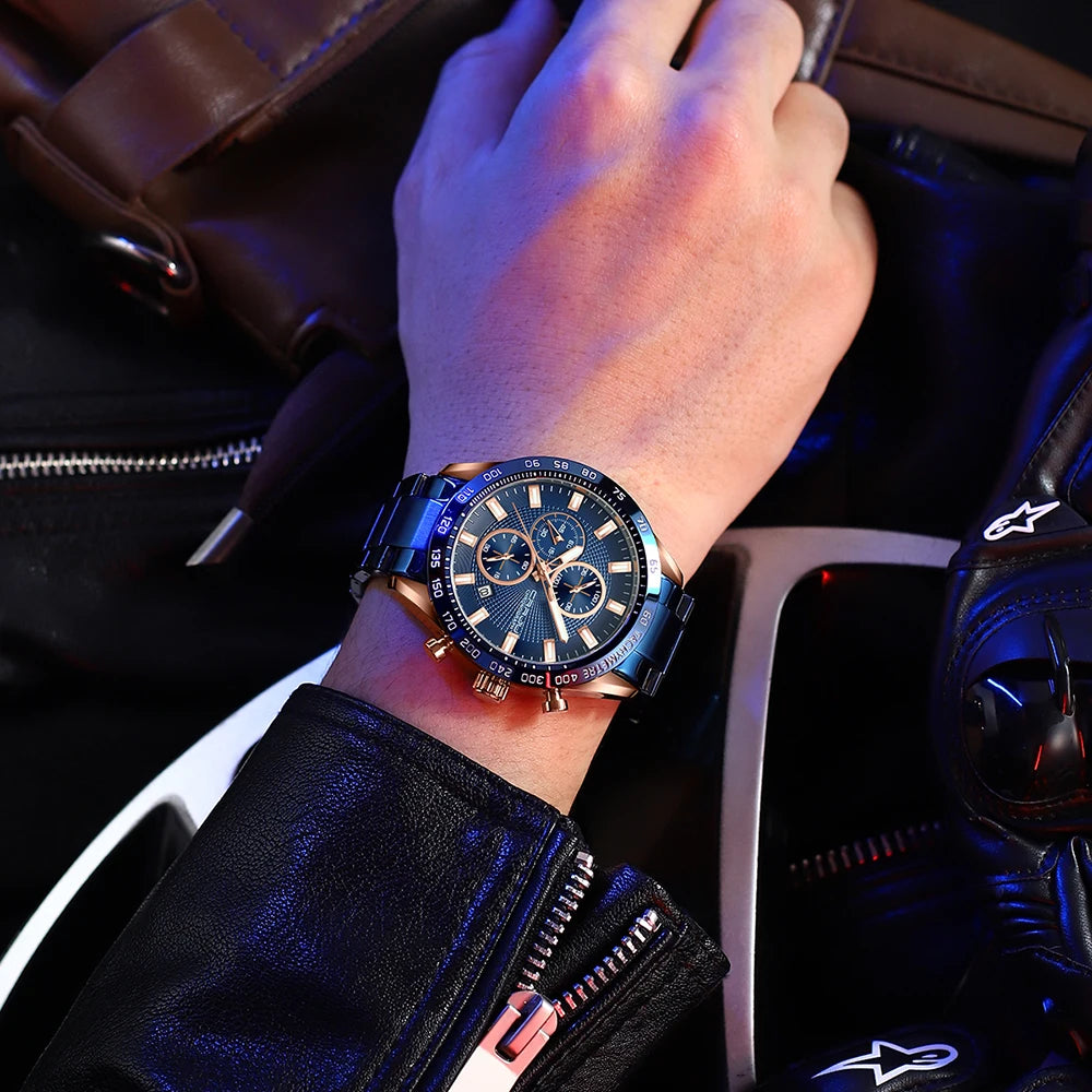 Men Watch Fashion Sports Chronograph Wristwatches Stainless Steel Strap with Auto Date