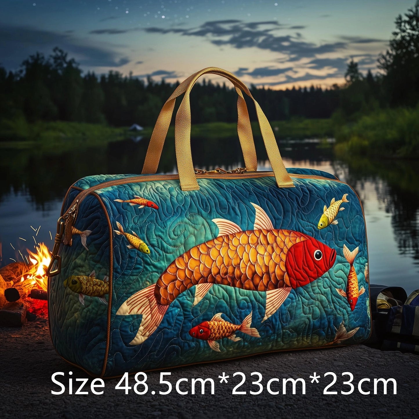 Trout Fishing Quilted Duffel Bag Outdoor Waterproof Gear Bag with 3D Fish Printed Camping Weekender Bag for Anglers Men's Gift