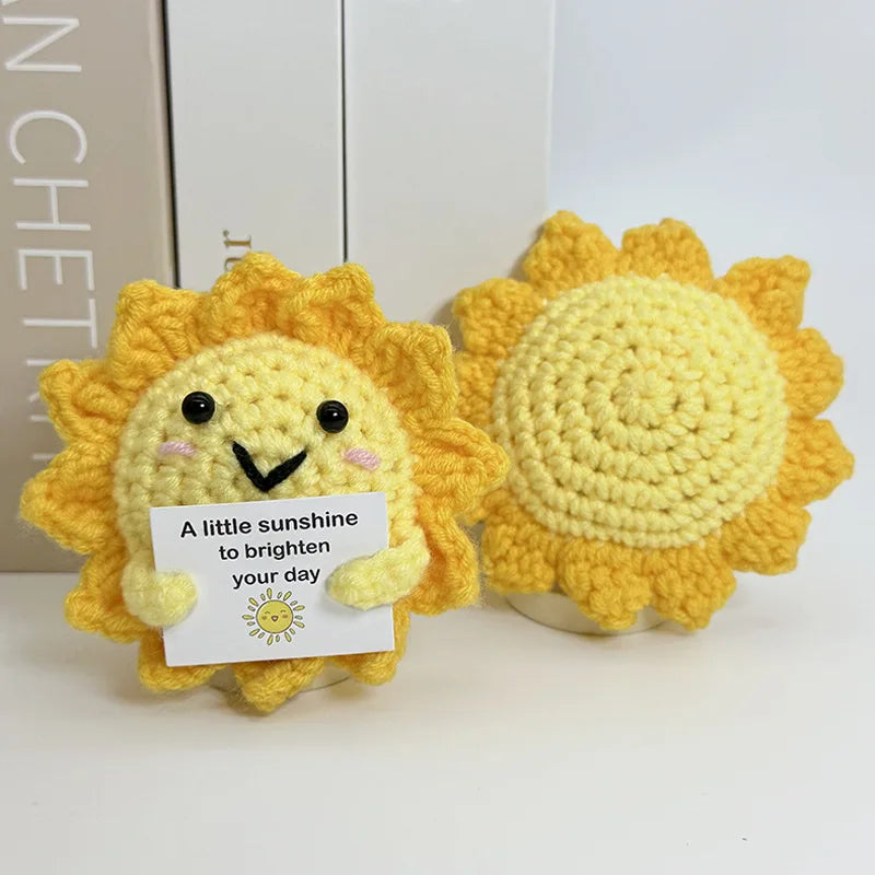 3 Pcs Funny Positive Crochet Sunshine Doll Desktop Ornament Handmade Cheer Emotional Support Positive Sun with Card Home Party Decor