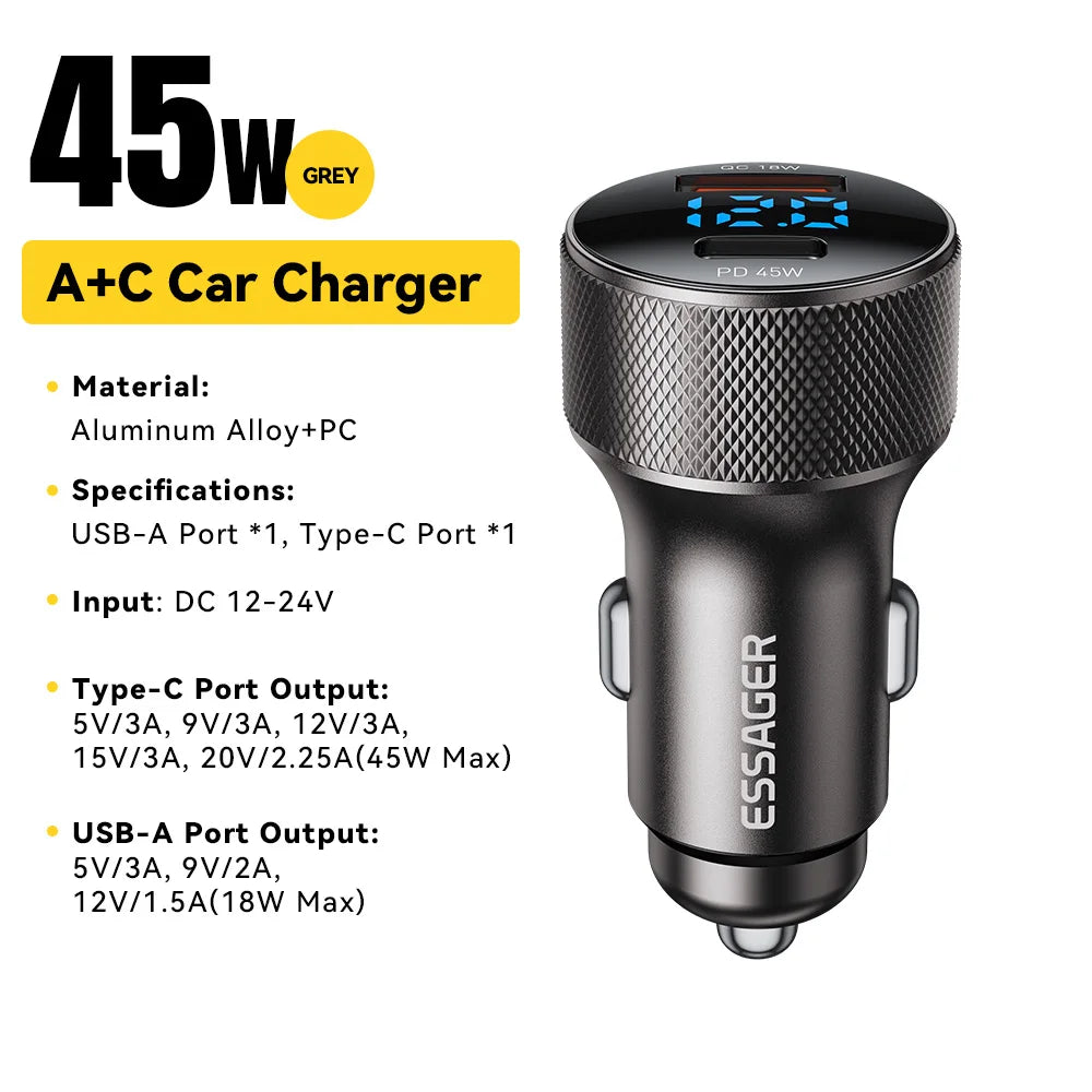 45W USB C Car Charger PD3.0 QC3.0 Fast Charging 2 Port Adapter with Digital Display