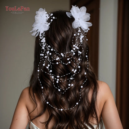 Elegant Women Bride Headwear Handmade gauze Flower Wedding Princess Headband Long Pearl Tassel Hair Accessories