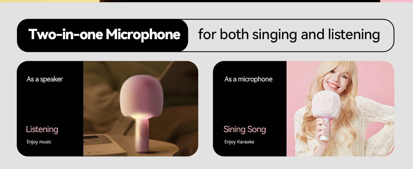 Bluetooth Karaoke Microphone with Fluffy Cover, 2-in-1 Handheld Mic & Speaker with Dynamic LED Lights for Party Singing