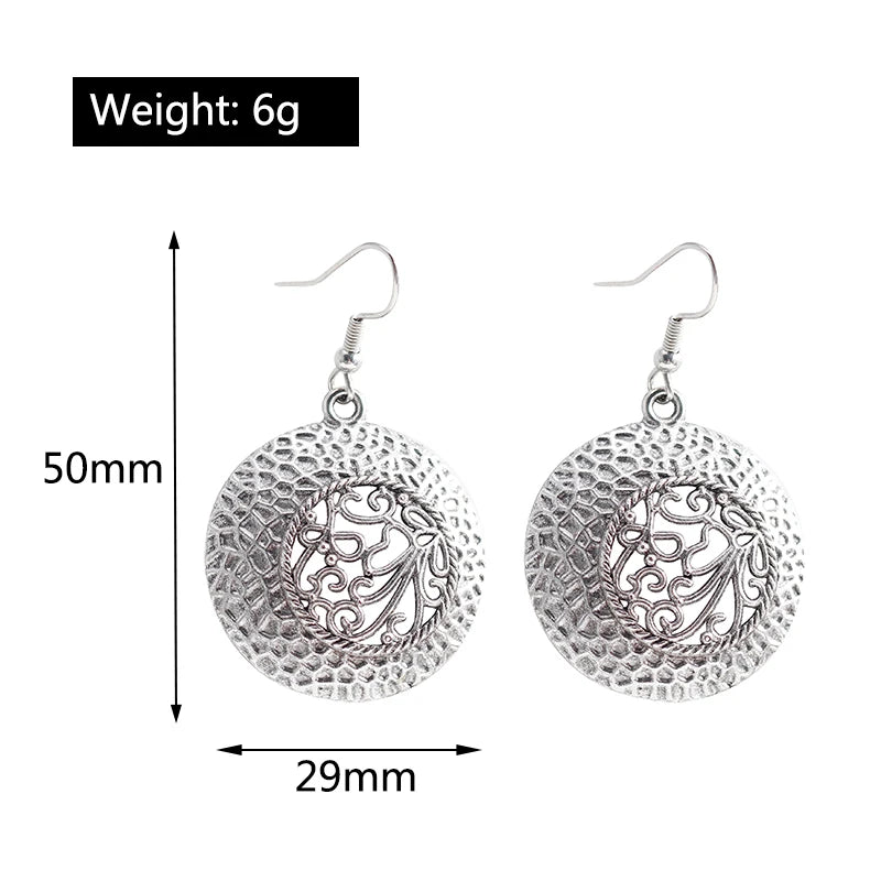 Statement Bohemian Vintage Ethnic Big Round Drop Earring Long Carved Flowers Drop Earrings For Women