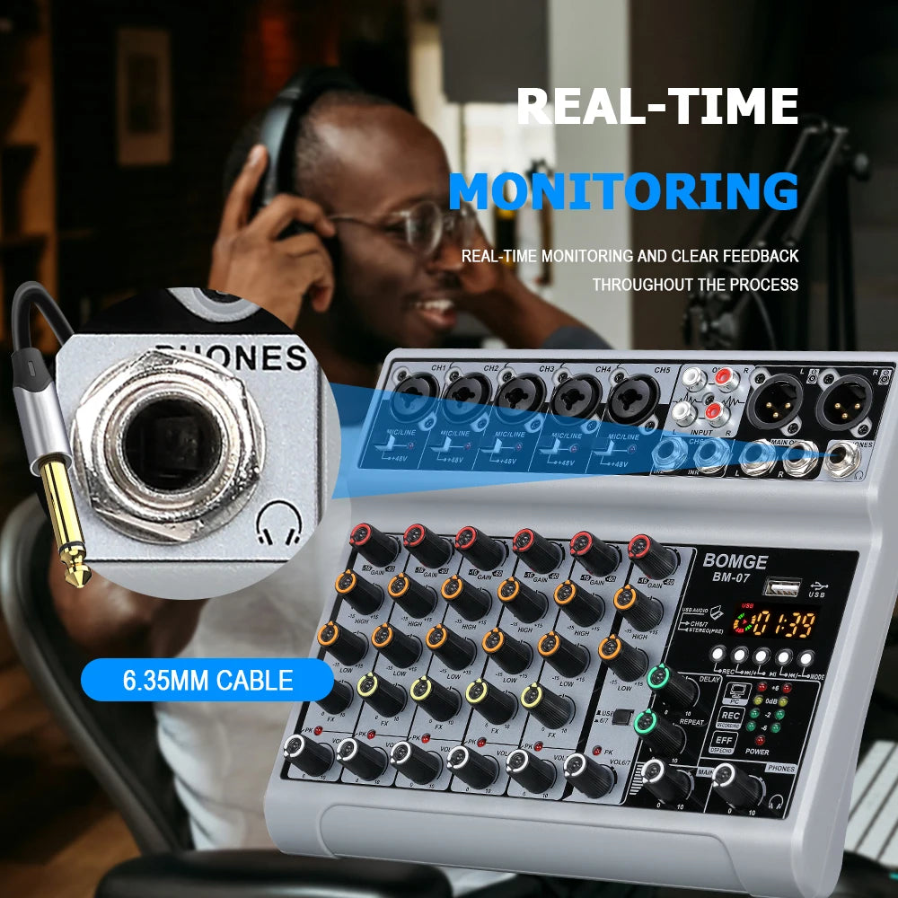 BOMGE 7 Channel Audio Mixer with Bluetooth USB 5 Mic Line 1 Stereo Input XLR Balanced 6.35mm Jack Output With headphone monitor