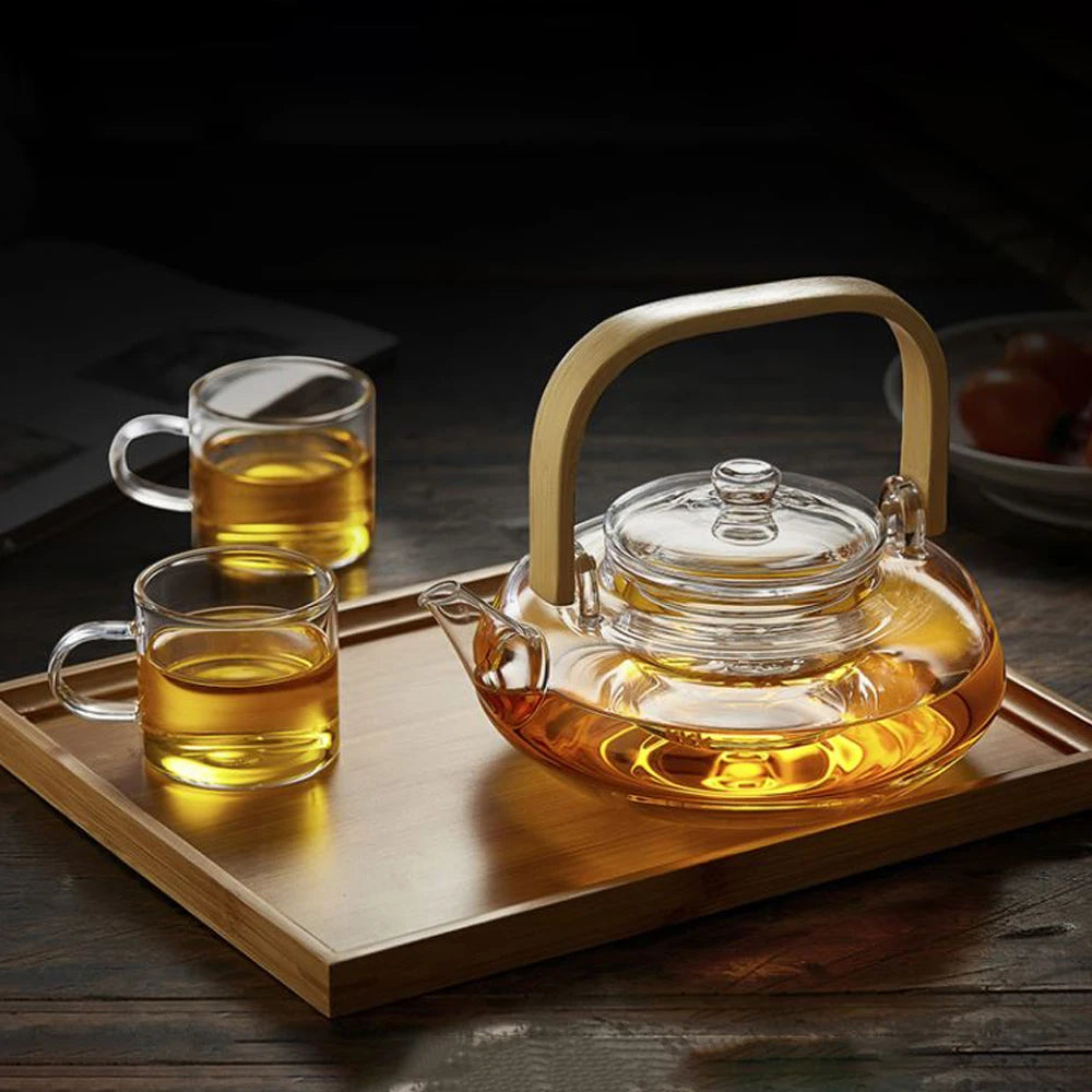 Bamboo Handle 800ml Blooming, Loose Leaf Tea Pot with Glass Strainer Safe Lid Dishwasher, Stovetop Safe Teaset Kettles