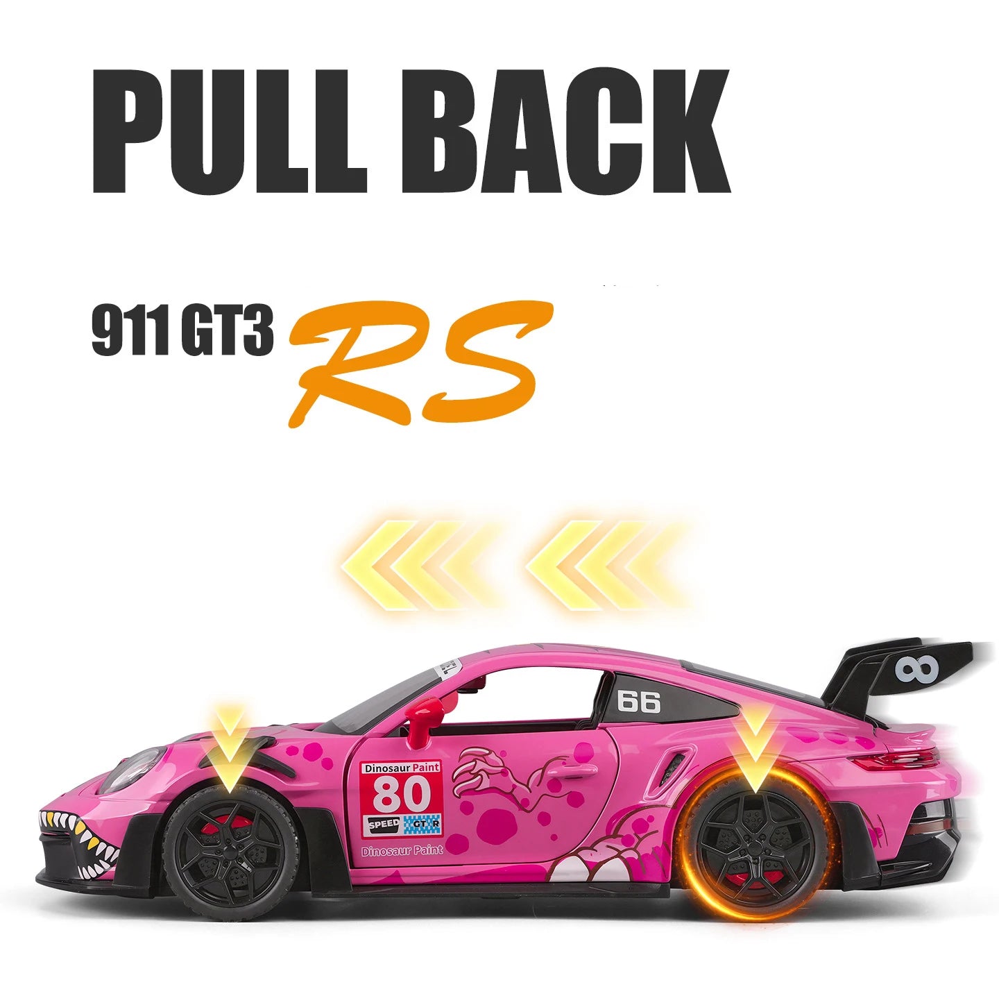 1 32 Scale 911 GT3 RS Dinosaur Modified Diecast Pull Back Model Car with Sound and Light
