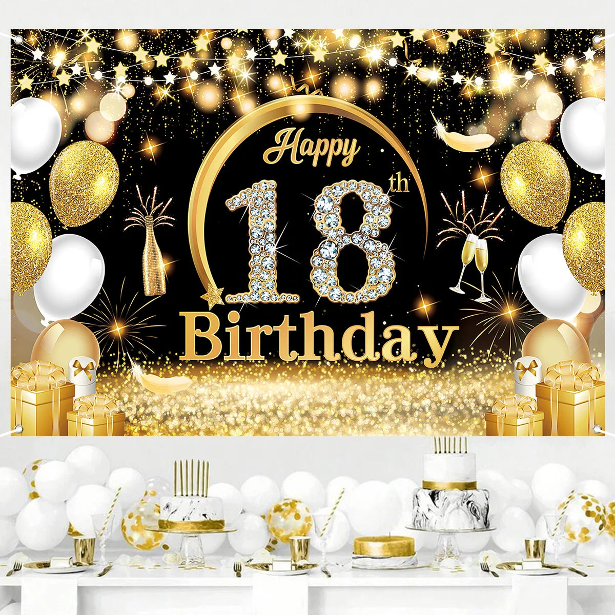 Black Gold Birthday Backdrop Happy 18th 70th Birthday Party Decoration Adult