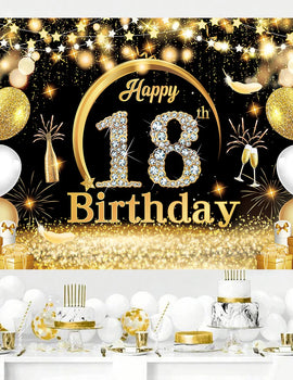 Black Gold Birthday Backdrop Happy 18th 70th Birthday Party Decoration Adult