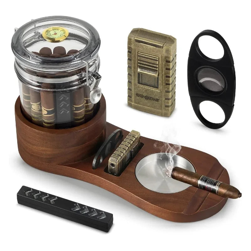 Cigar Humidor, Solid Wood Cigar Ashtray & Acrylic Cigar Jar Kit with Cigar Cutter, Humidifier and Dropper, Holds 18-20 Cigars
