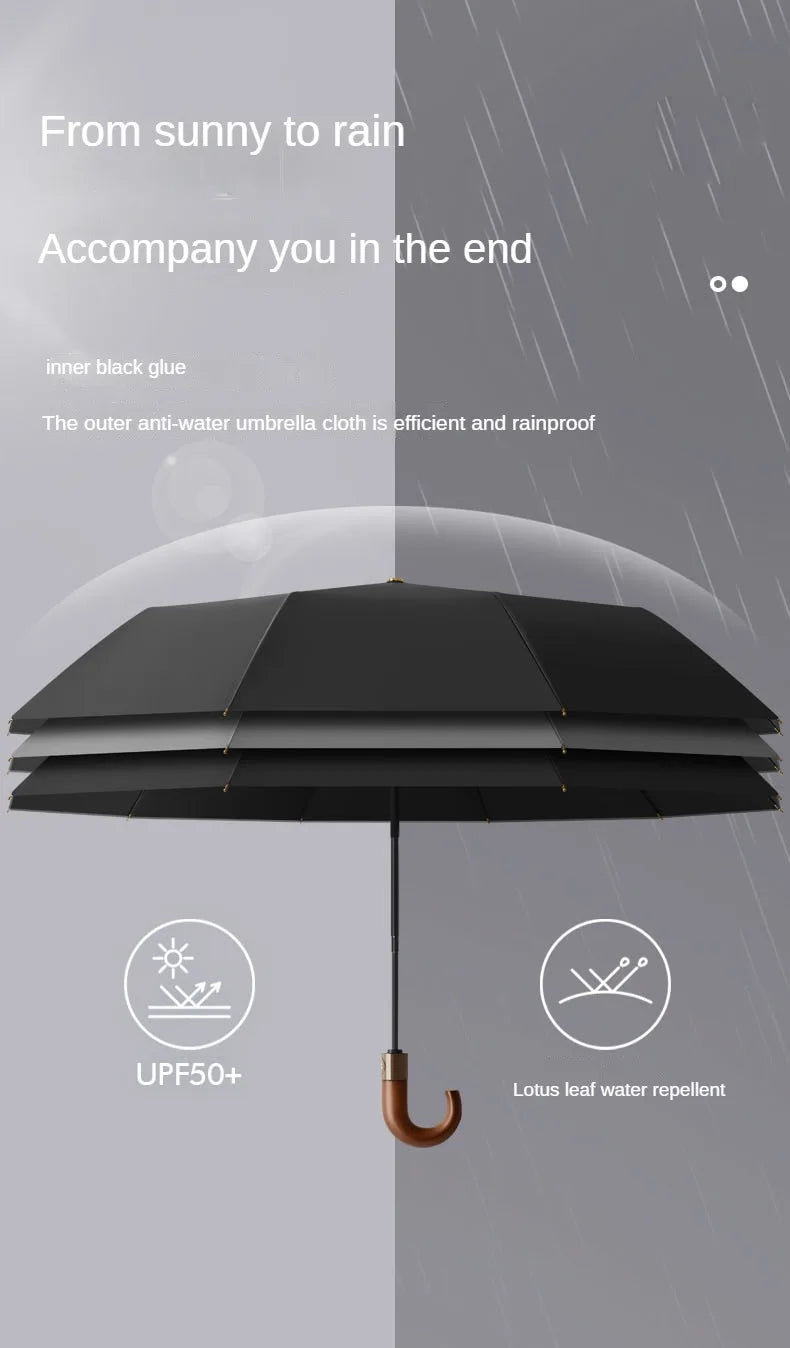 Windproof Automatic Folding Umbrella with UV Protection Curved Handle for Sun and Rain