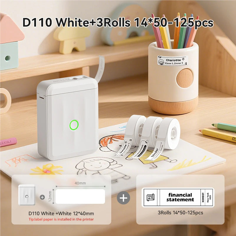 D110 Mini Thermal Label Printer, Bluetooth Portable Smart Label Maker 12–15mm, Inkless Sticker Printer for Home Office Kitchen School