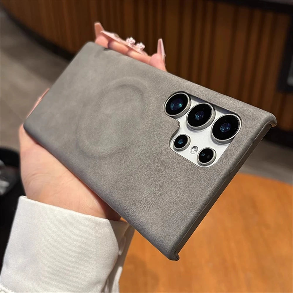 Luxury Leather  For MagSafe Wireless Charging Phone Case For Samsung S23 S24 S25 Ultra Lambskin Solid Color Hard Cover