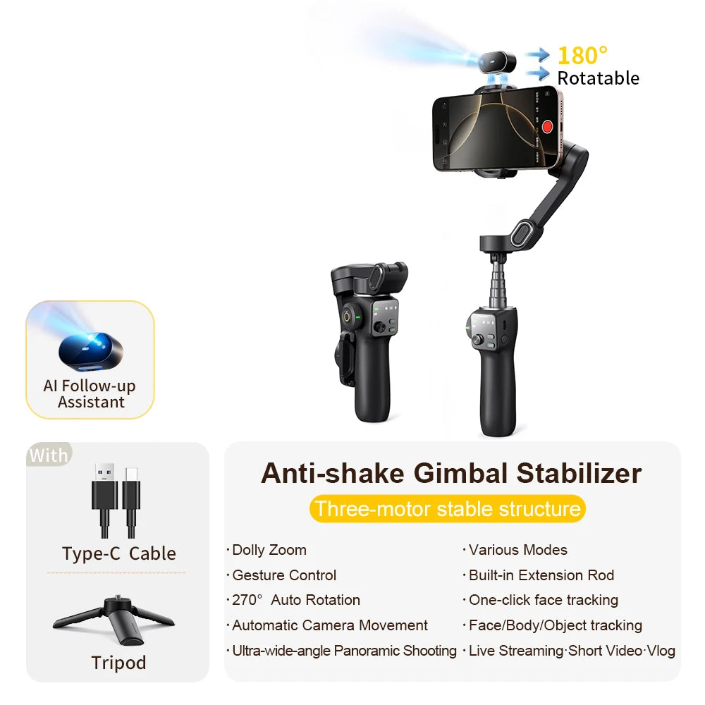 3-Axis Handheld Gimbal Phone Stabilizer with Extension Rod  8.0 Anti Shake Face Tracking for Phone Outdoor Shooting Vlog