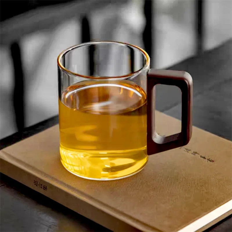 400ml Heat-resistant Glass Cups with Walnut Handle Household Flower Tea Mug Tea Making Cup Milk Water Cup