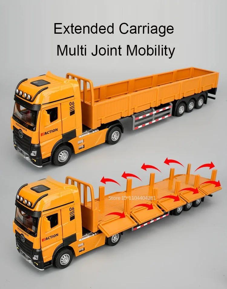 1:32 Roadblock Transport Truck Flatbed Trailer Model Toys Diecast Alloy Car Doors Opened Sound Light Pull Back Vehice Boy's Puzz