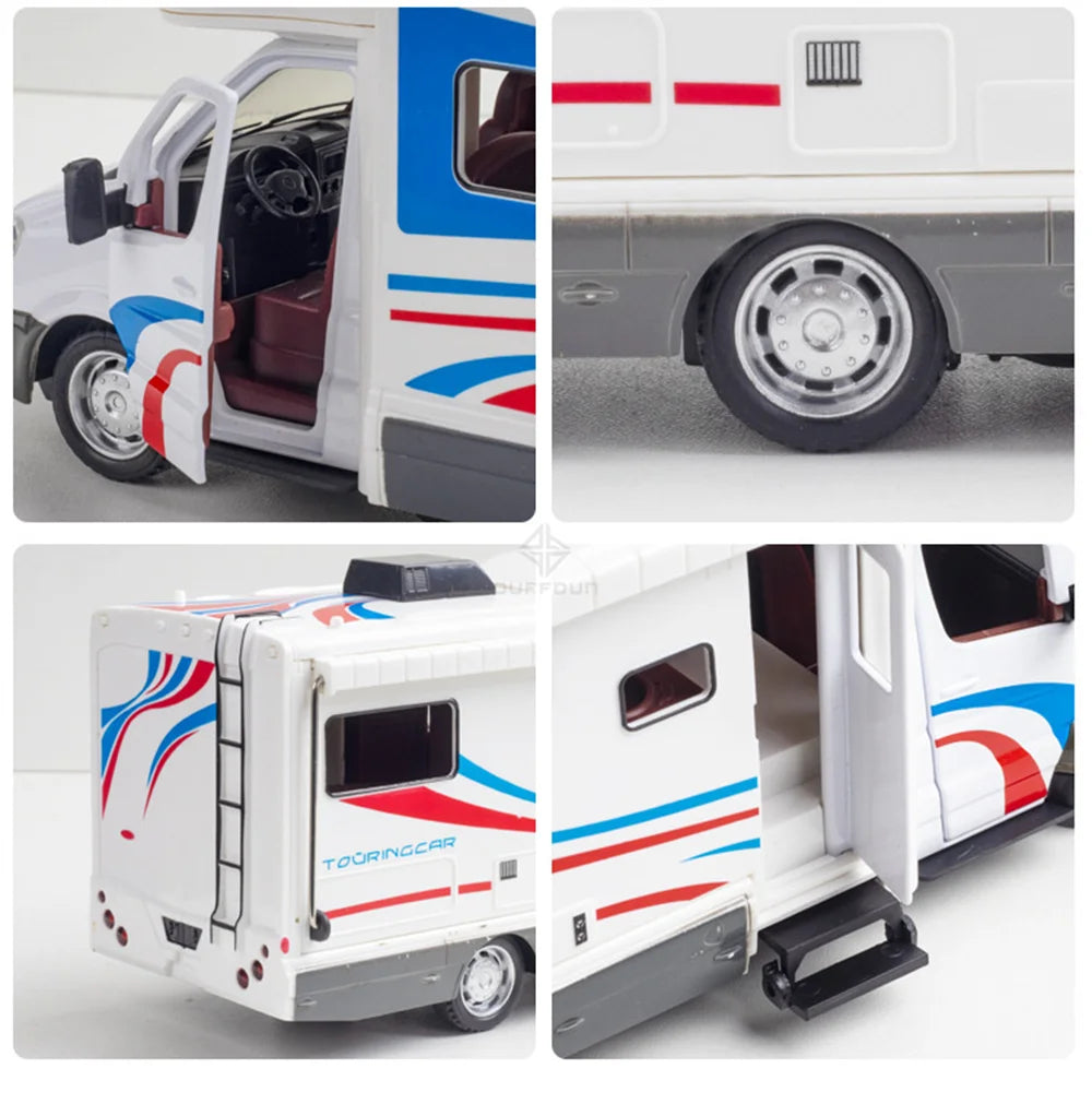 1:32 Alloy Diecast Touring Car Model Toys 3 Doors Opened Sound Light Campervan RV Trailer Vehicles s Toy Gift Collection