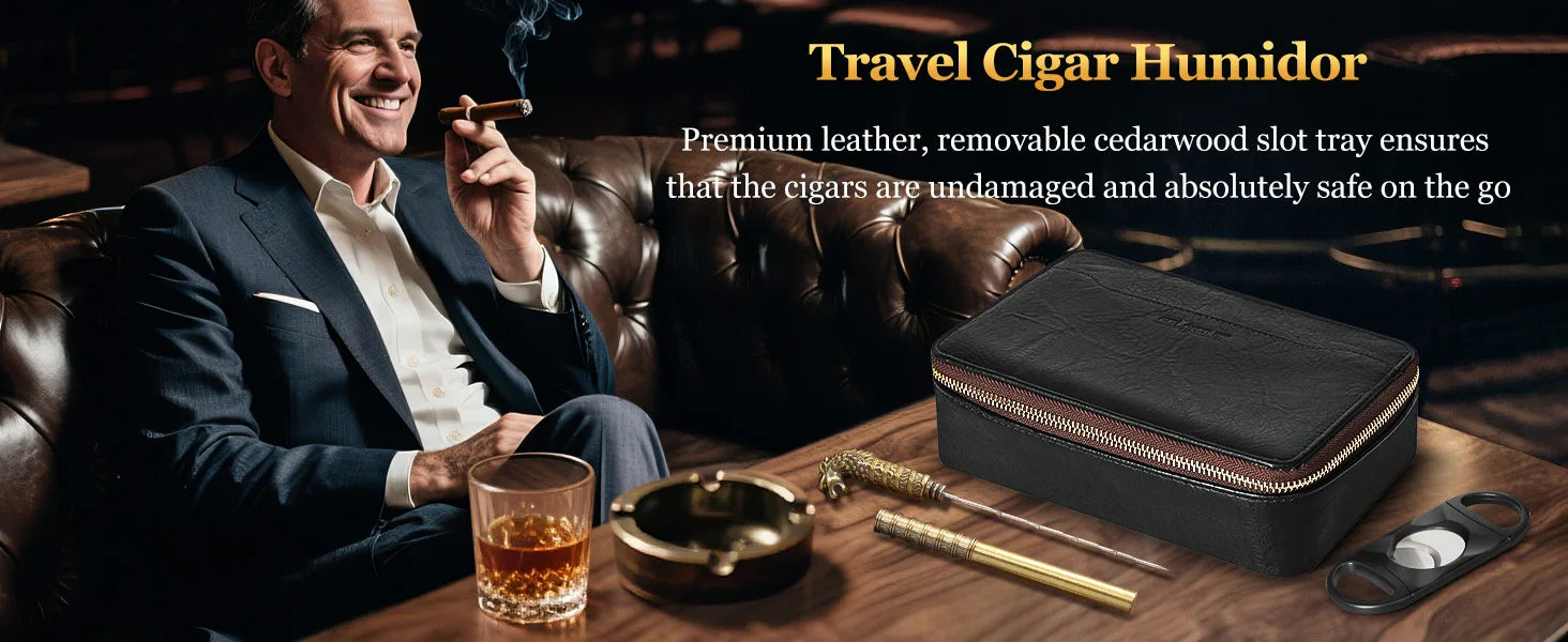 Cigar Humidor, Leather Travel Cigar Humidor, Include Cedar Wood Slot Tray, Cigar Draw Enhancer and Multifunction Cigar Cutter