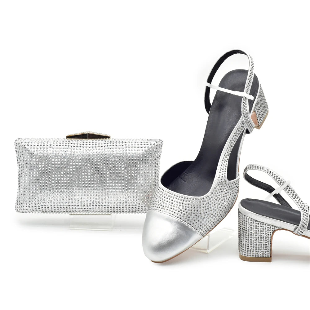 Silver Shoe and Bag Set for Party in Women Shoes and Bags Set for Women Italian African Women Wedding Shoes with Rhinestone