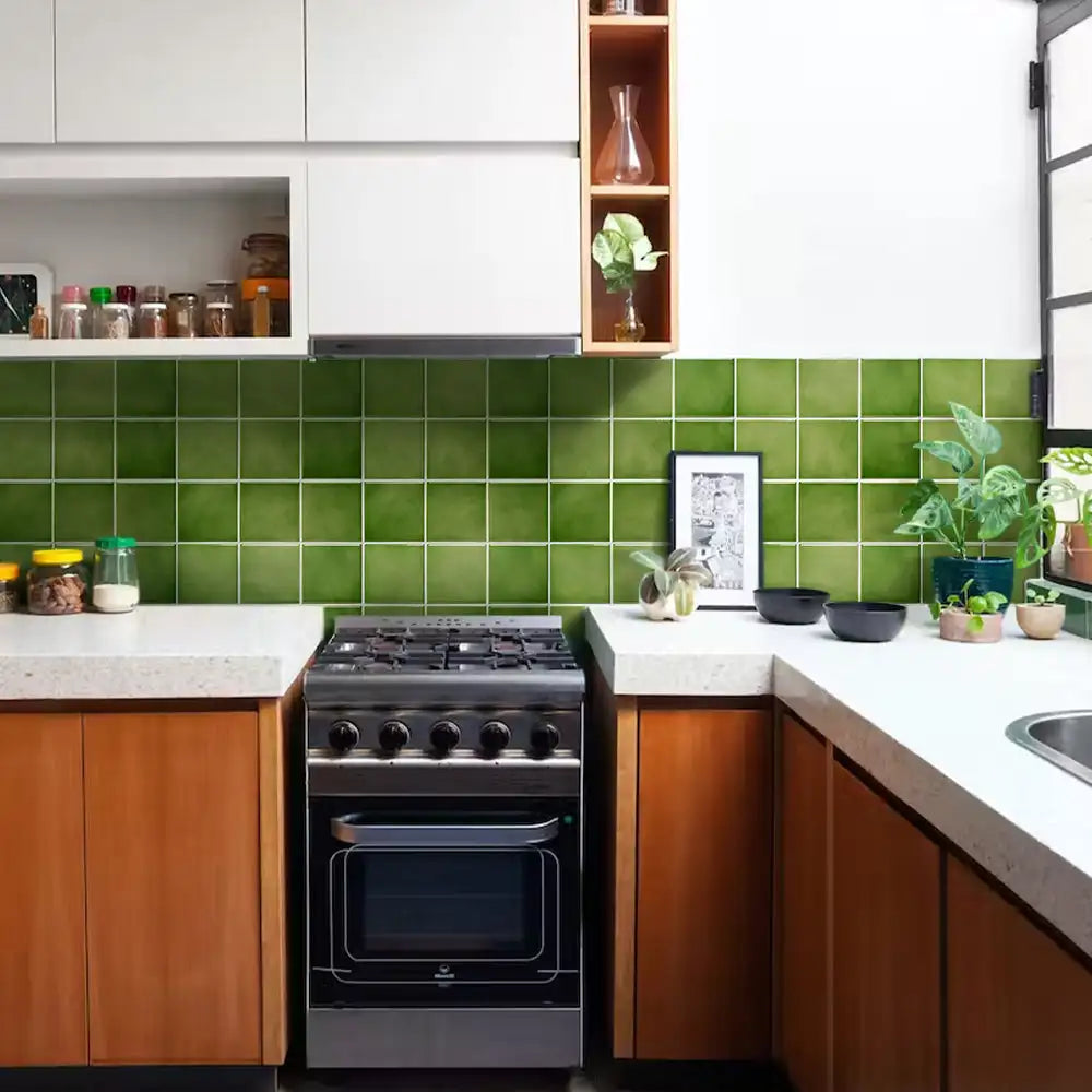 10pcs 3D Tile Stickers, Self-adhesive Green Tile Backsplash for Kitchen Bathroom, Waterproof, Matt, 30 x 30cm, Interior Wall Decor