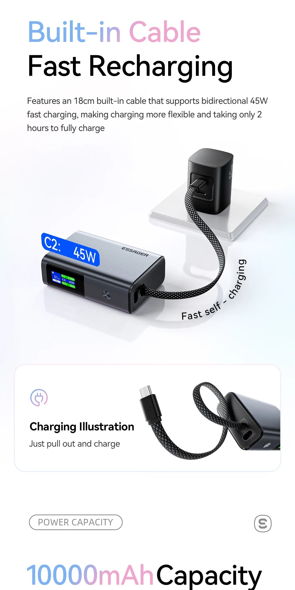 45W Power Bank 10000mAh Built-in USB C Cable Fast Charging Portable Battery with Digital Display