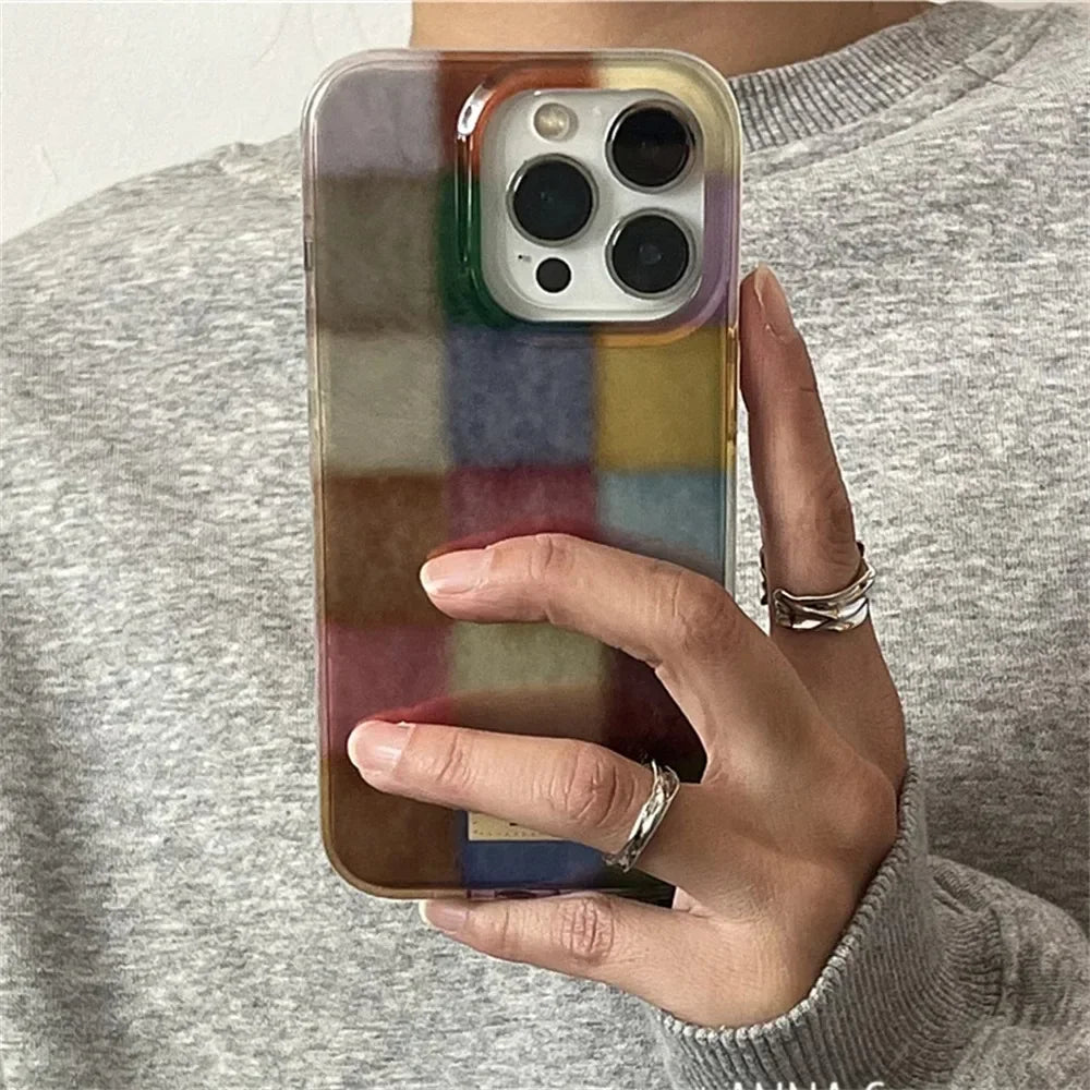 Dopamine Color Block Match Plaid Phone Case For iPhone 17 16 15 14 16E Grid Label Matte Cover