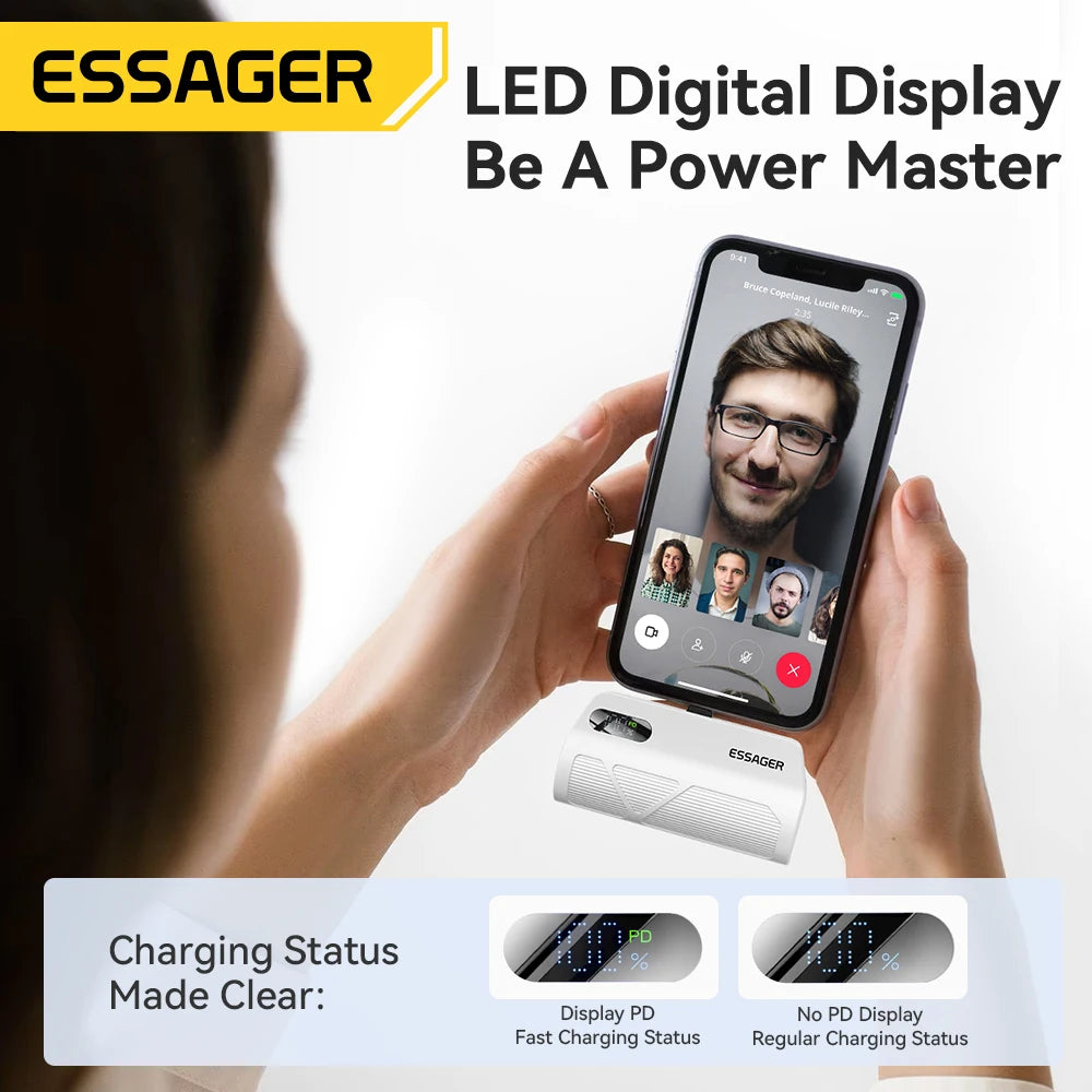 5000mAh Mini Capsule Power Bank 20W PD Fast Charging with Built-in Lightning & USB-C Plug Portable Charger