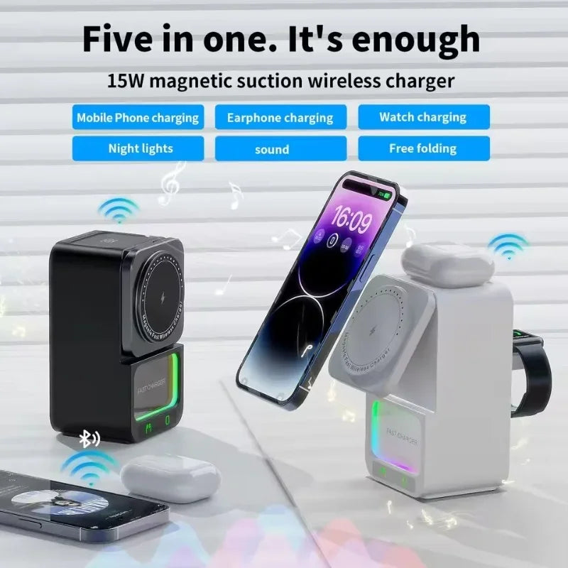 Bluetooth speaker charger with five in one speaker and wireless fast charging suitable for Apple Aeries phones/headphones/watche