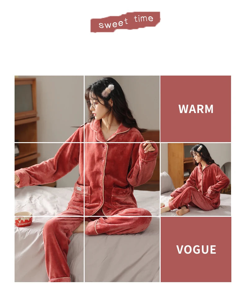 Women’s Winter Flannel Pajama Set – Warm, Thick Coral Fleece 2-Piece Loungewear