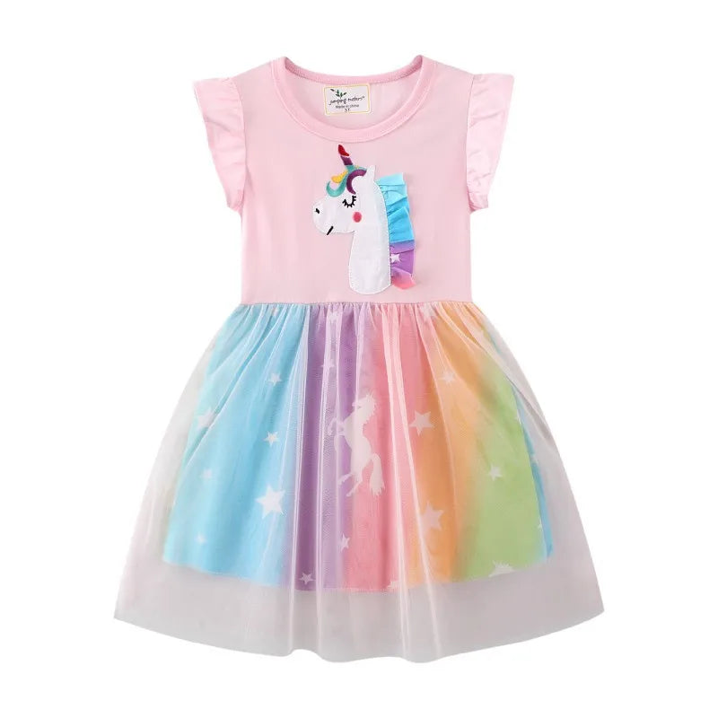 Unicorn Butterfly Princess Cotton Dress for Girls Summer Knee Length Dress