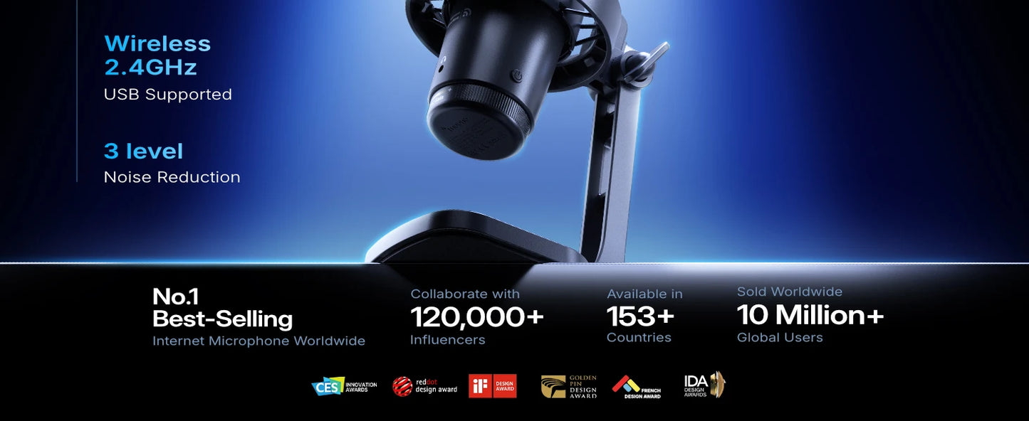 Wireless USB Gaming Microphone with AI Noise Reduction and RGB Lighting